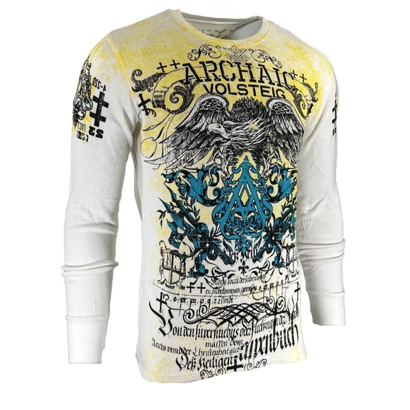 Archaic by Affliction Men's Thermal Shirt CYANIDE Eagle Biker White - Picture 6 of 9
